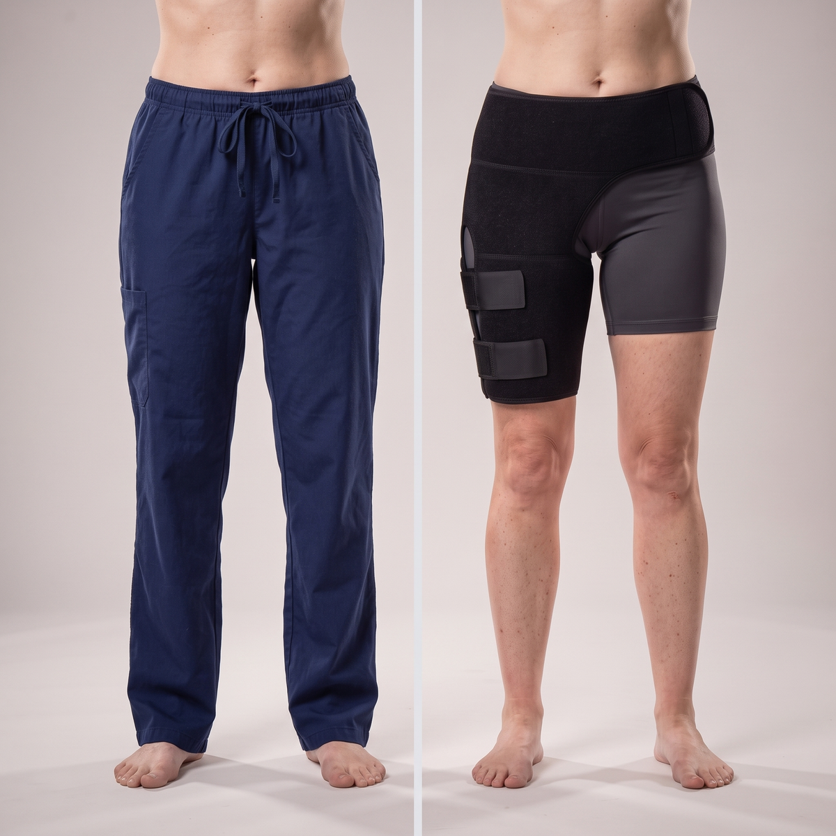 The same person photographed in scrubs and then with the scrubs removed, showing the support underneath